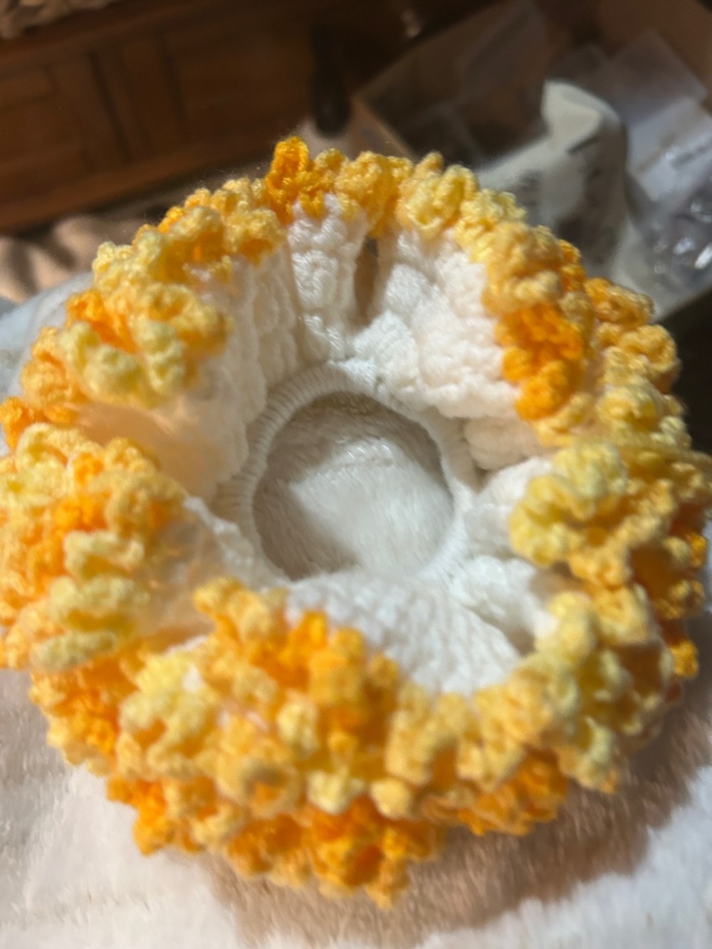 Hand Crafted Cream and Yellow Crocheted Ruffle Hair Scrunchie - Picture 2 of 4